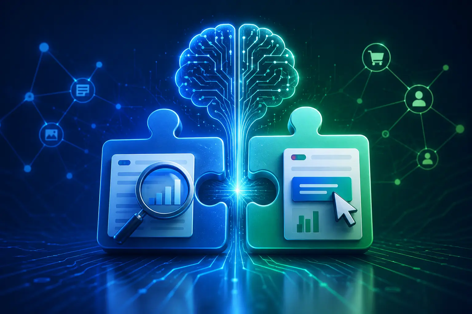 AI SEO and AI SEM working together — integrated marketing performance dashboard view.