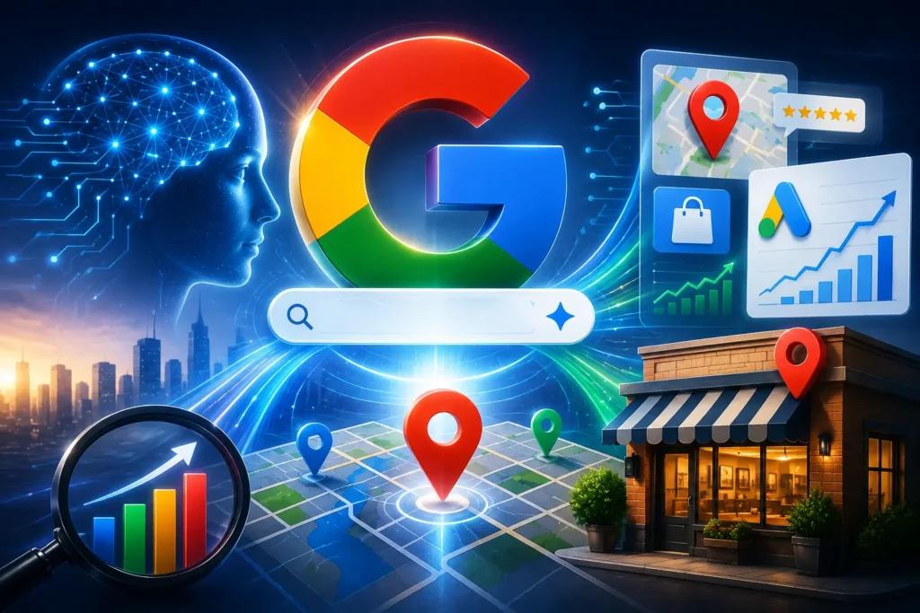 Infographic on Google's new era of AI-powered search and its impact on local SEO strategies and business advertising