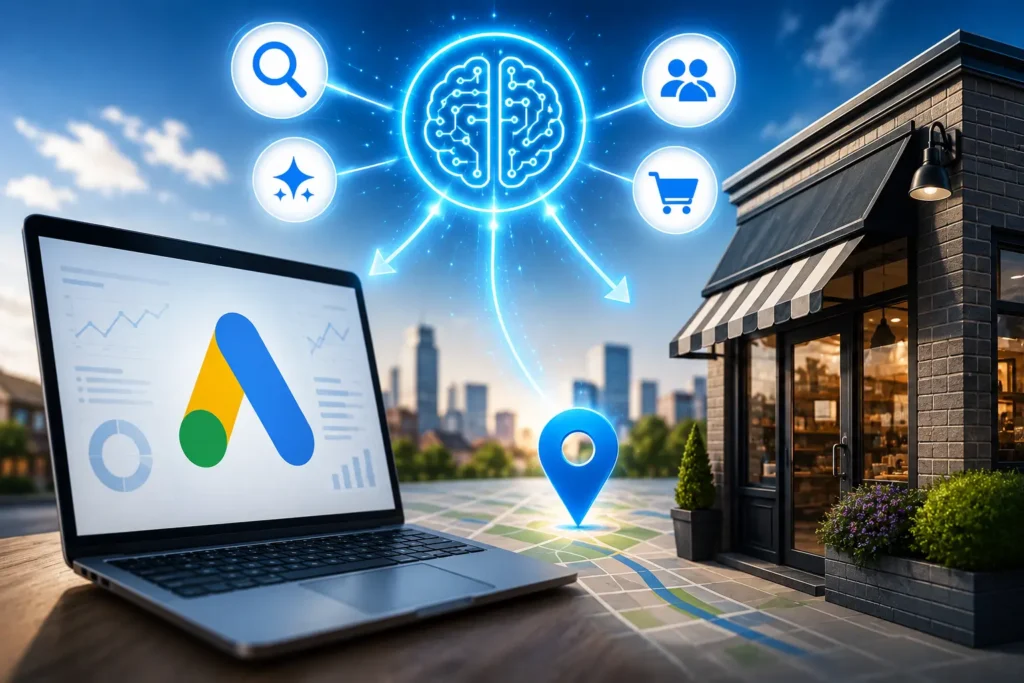 A small business owner reviewing their Google Ads AI Max campaign performance on a laptop with a chart showing improved conversion rates.