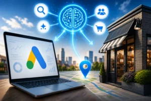 A small business owner reviewing their Google Ads AI Max campaign performance on a laptop with a chart showing improved conversion rates.