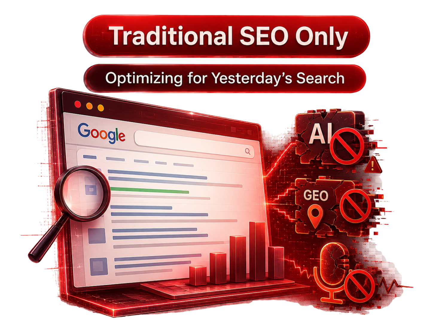 Traditional SEO strategy illustration comparing search optimization methods and rankings