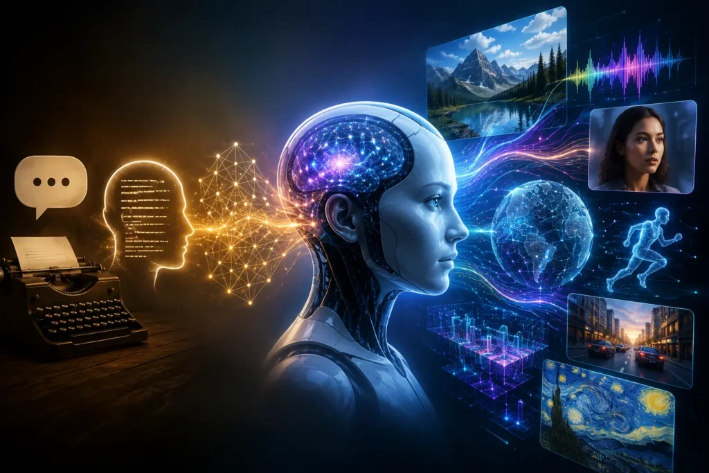 Abstract representation of Multimodal AI processing text, images, and audio data for business marketing strategy.