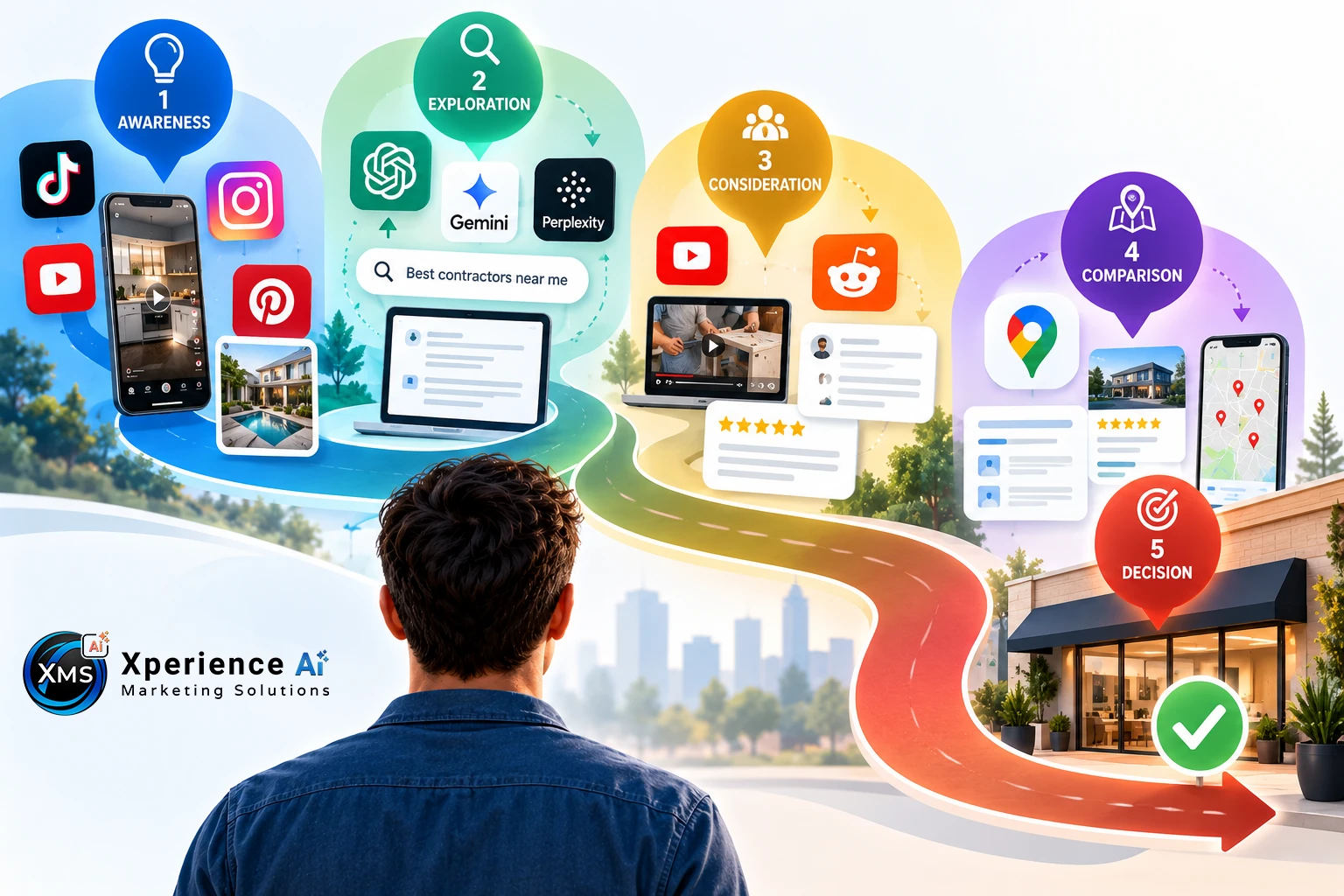 Infographic showing how customers search across multiple platforms (Google, TikTok, Instagram, YouTube, Reddit, Pinterest, Maps) throughout their decision-making journey before making a purchase